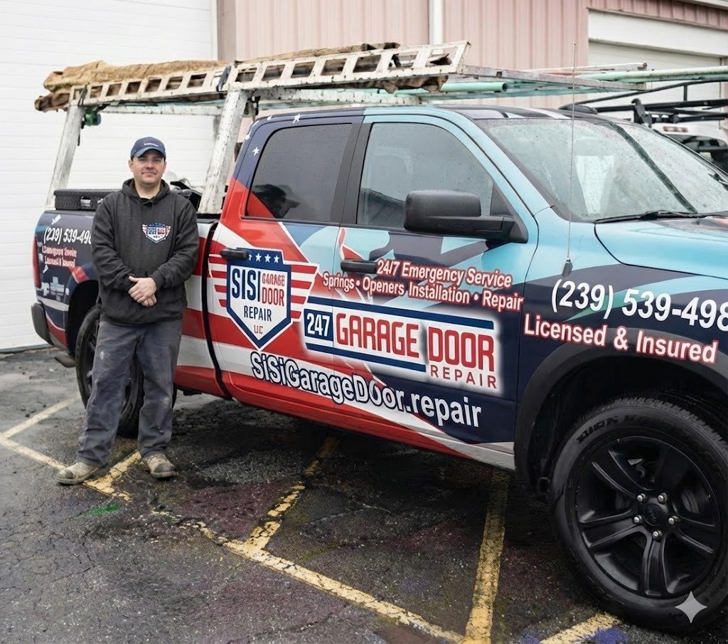 Technician standing beside a service truck