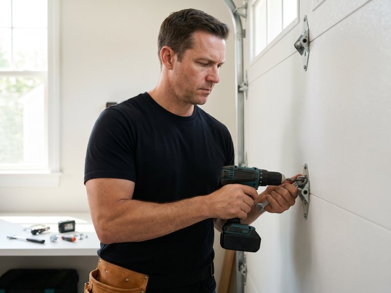 Technician fastening a hinge on a garage door panel