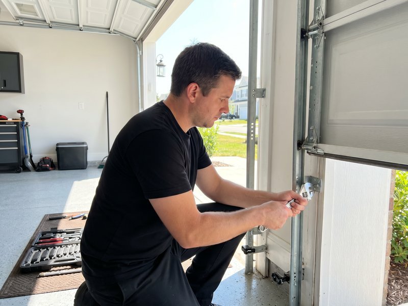 Technician adjusting the bottom section of a garage door track