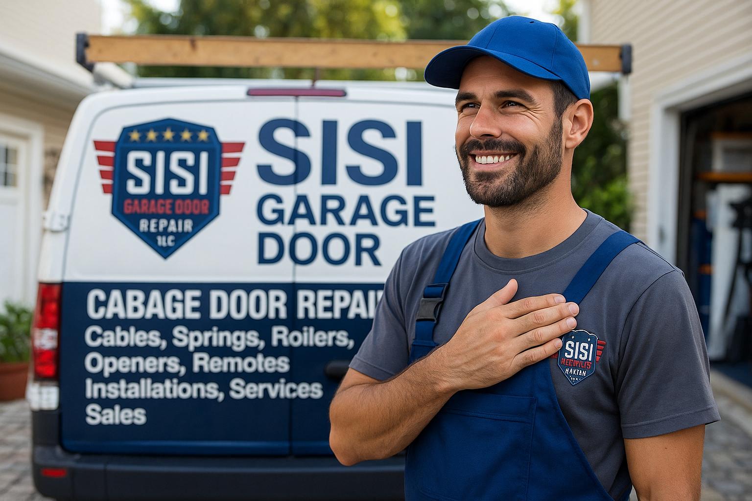 SiSi Garage door truck and worker
