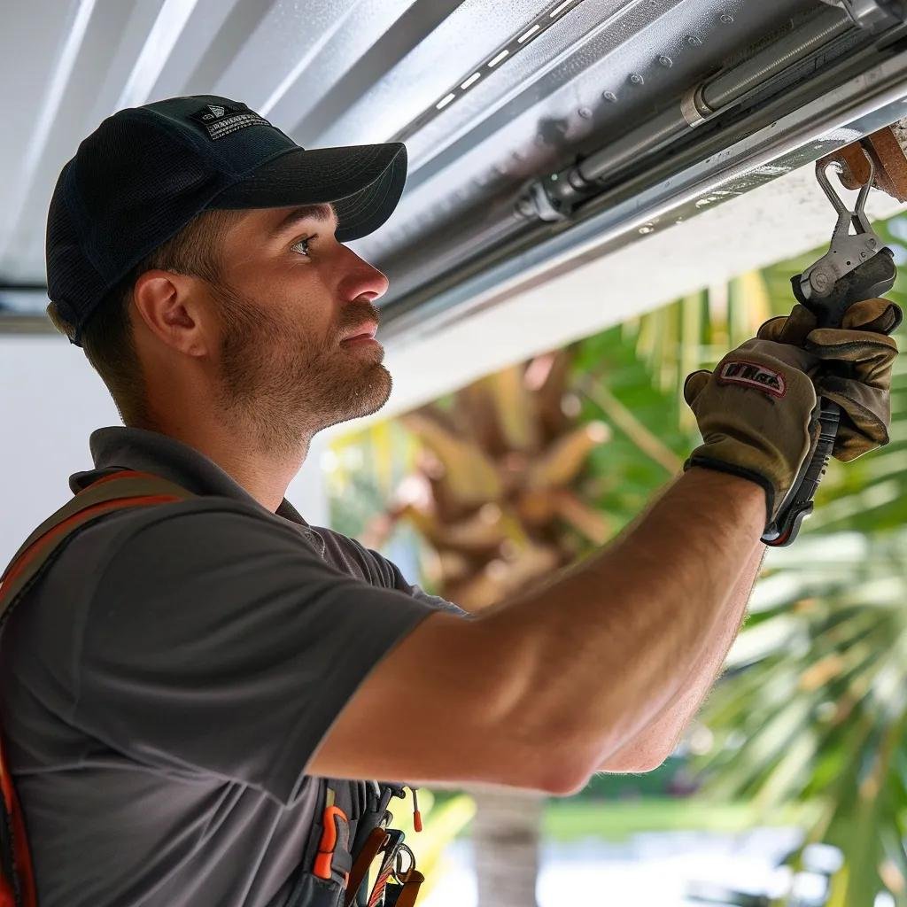Local garage door repair technician fixing a garage door in Naples, emphasizing emergency repair services
