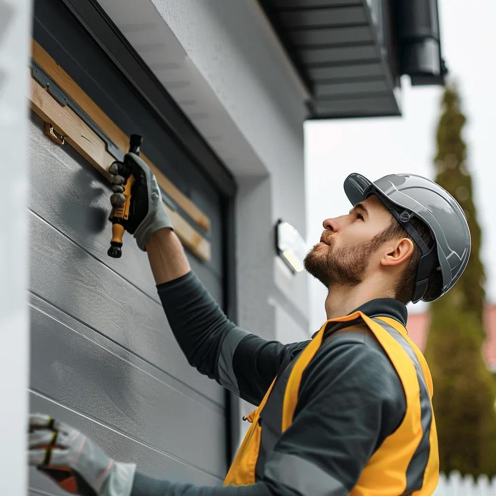 Professional garage door technician inspecting a modern garage door in Naples, Florida