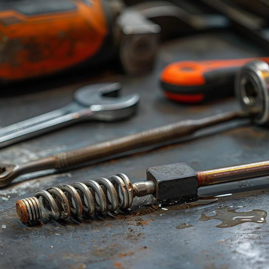 Close-up of a broken garage door spring showing visible gap and tension, with tools for repair