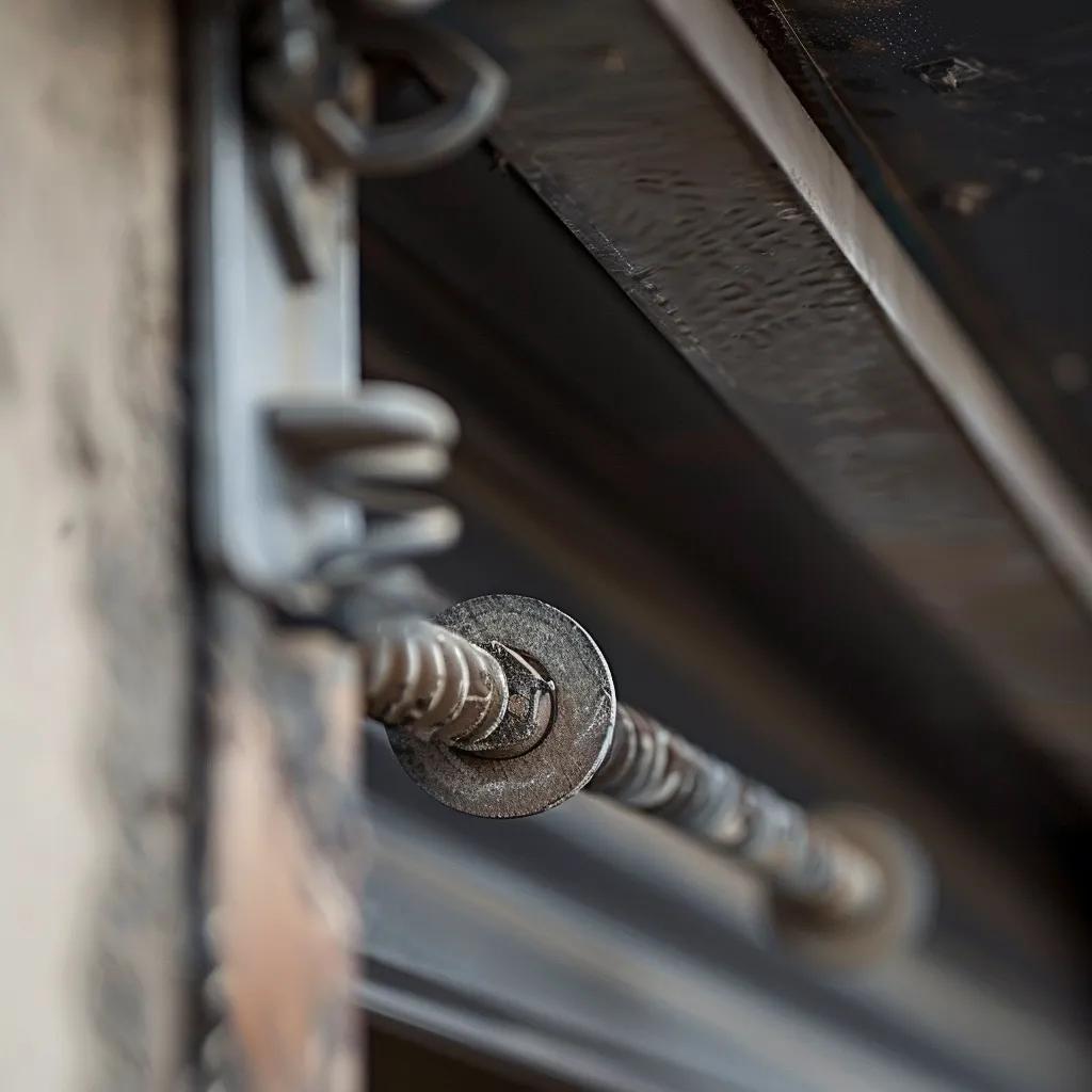 Close-up of a broken garage door spring and an off-track door, illustrating urgent repair needs
