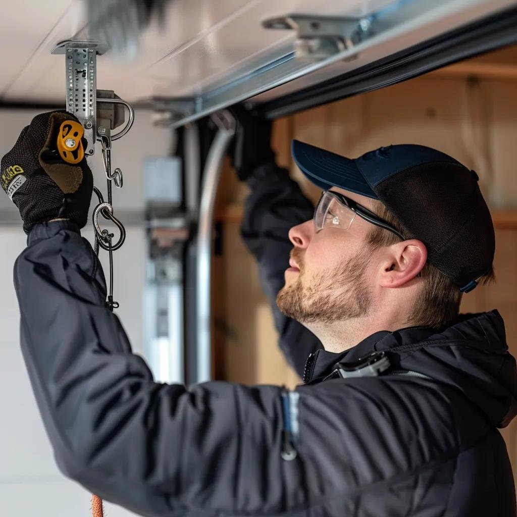 Certified technician safely replacing garage door spring with professional tools