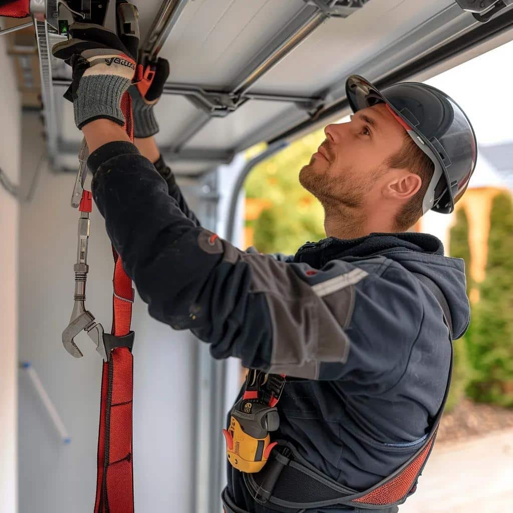 Technician performing emergency garage door repairs, showcasing the structured repair process