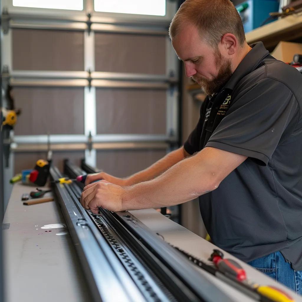 Technician adjusting garage door tracks, emphasizing precision in repair techniques