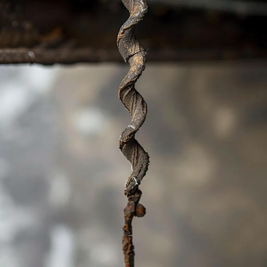 Close-up of a broken garage door spring showing cracks and damage