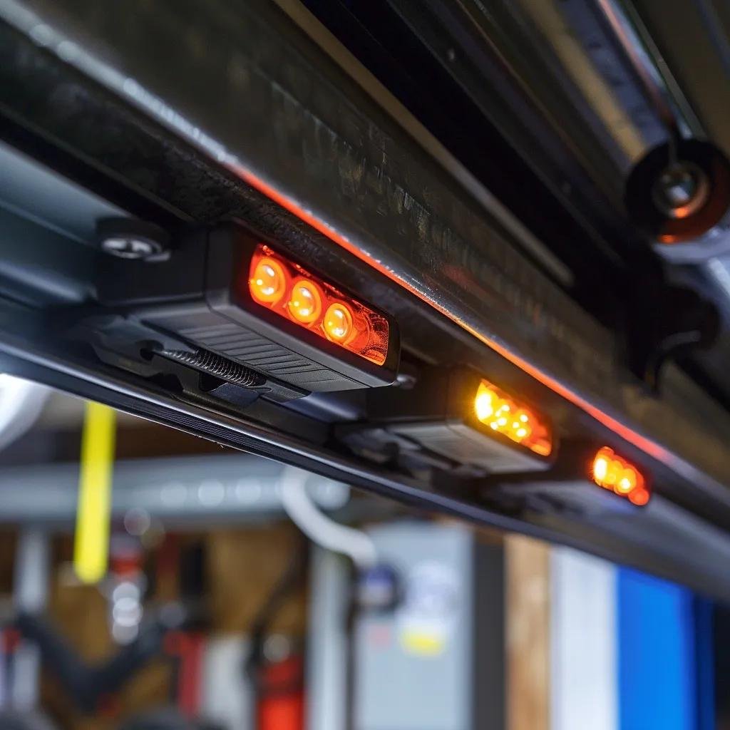 Close-up of garage door safety sensors being aligned for proper operation