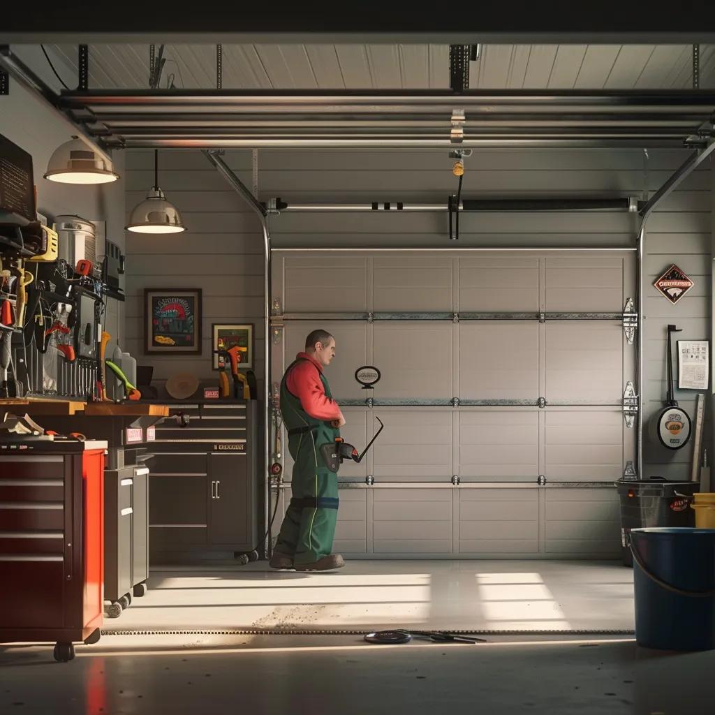 Professional technician inspecting a garage door with tools, emphasizing emergency maintenance