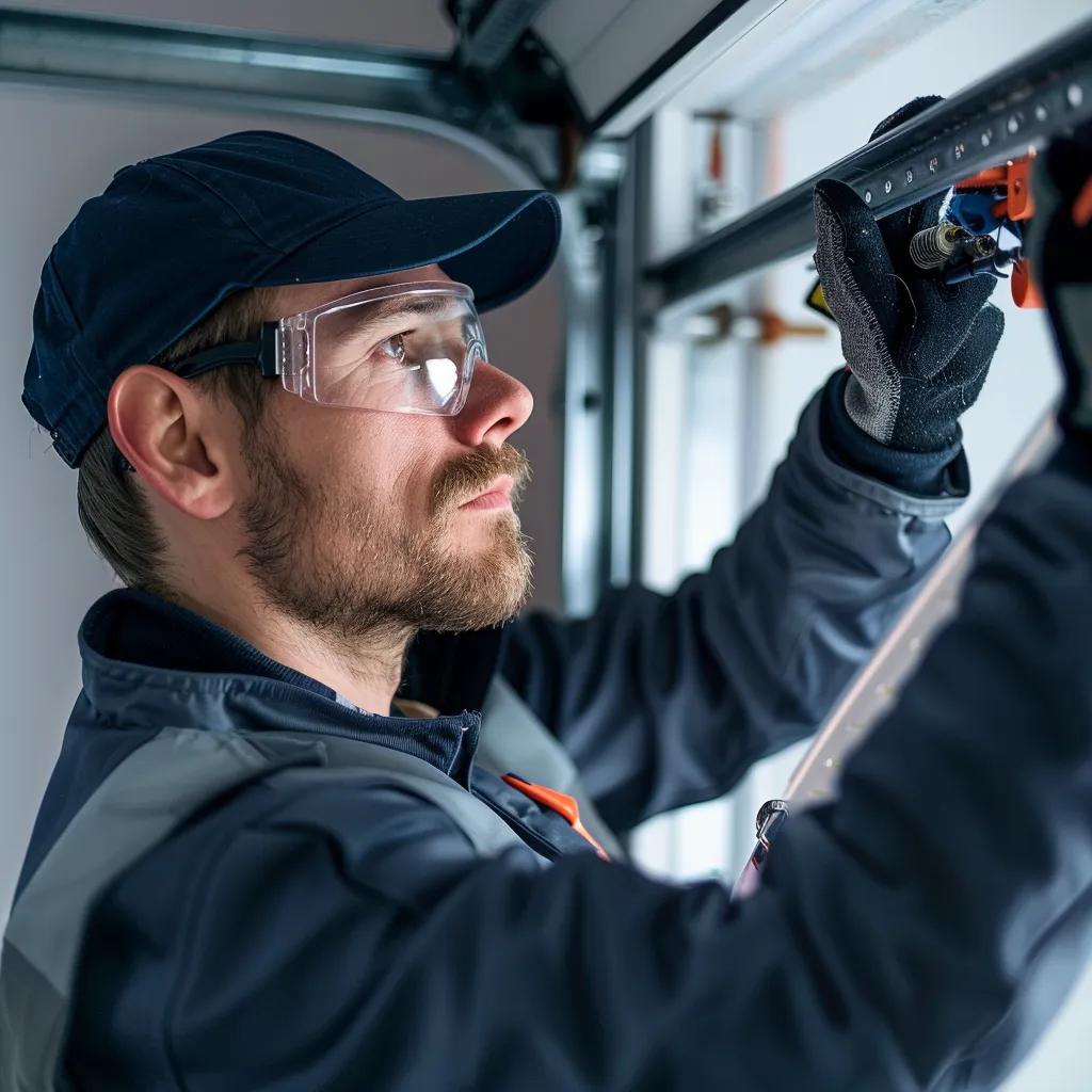 Technician repairing a garage door spring in a residential garage, emphasizing emergency repair services