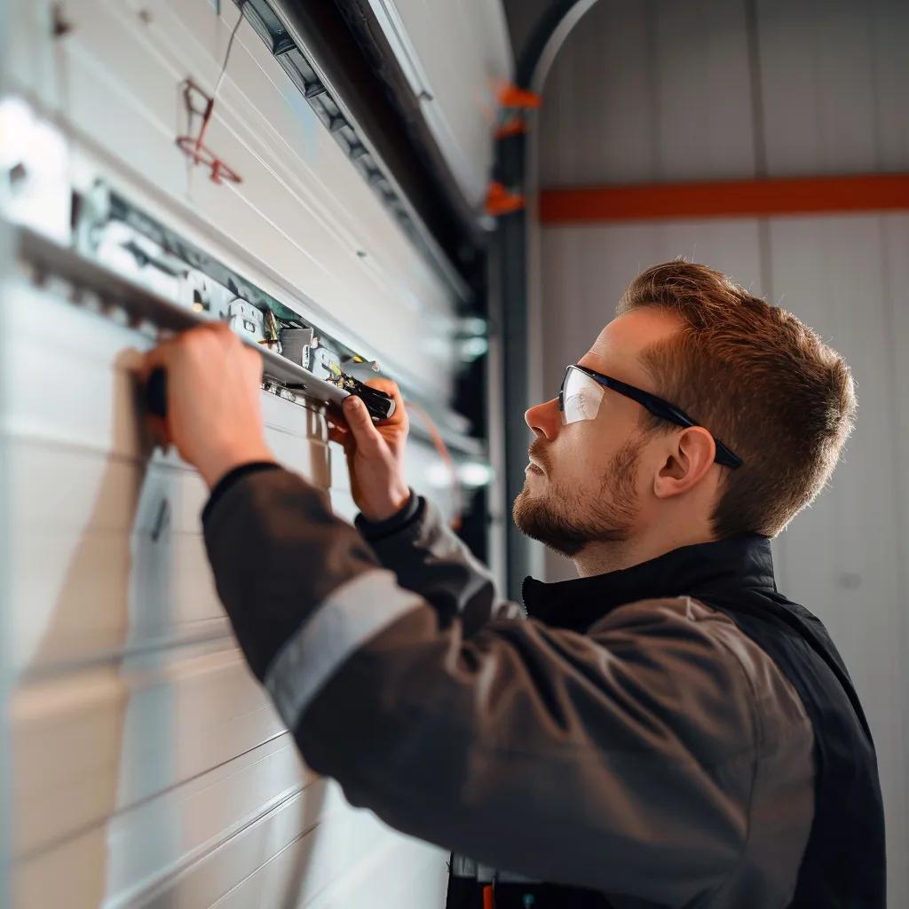 Technician repairing a garage door spring in a well-lit garage, emphasizing quick repair solutions