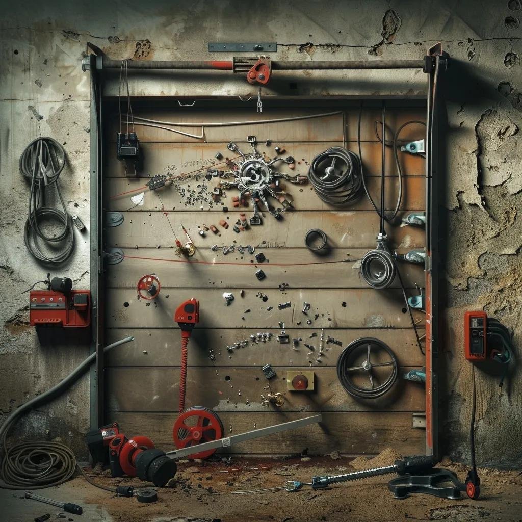 Visual representation of common garage door problems including broken springs and off-track doors
