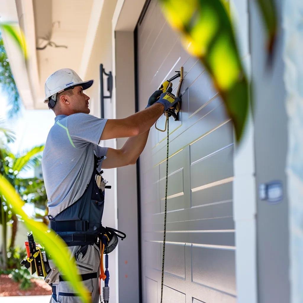Technician performing garage door maintenance in Naples, showcasing professional service and sunny environment