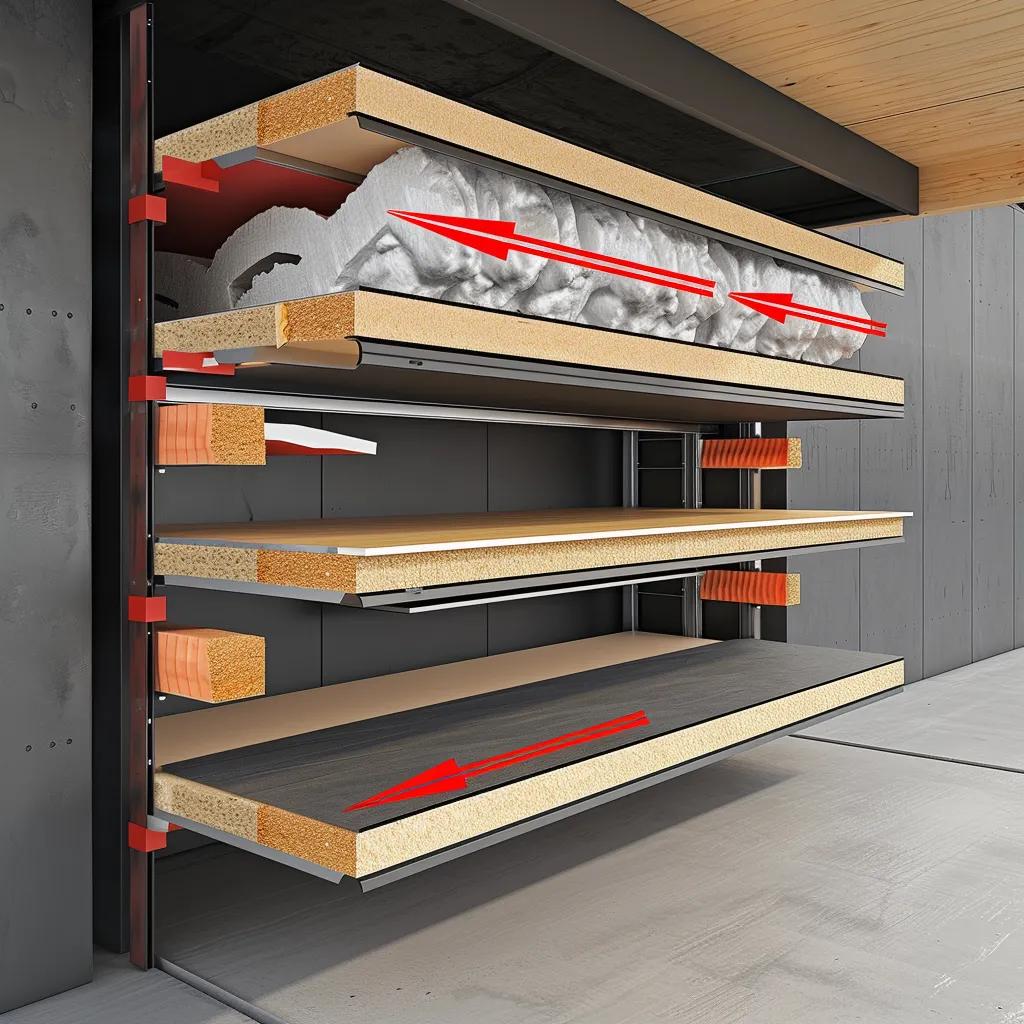 Cross-section of insulated garage door illustrating energy efficiency and thermal resistance