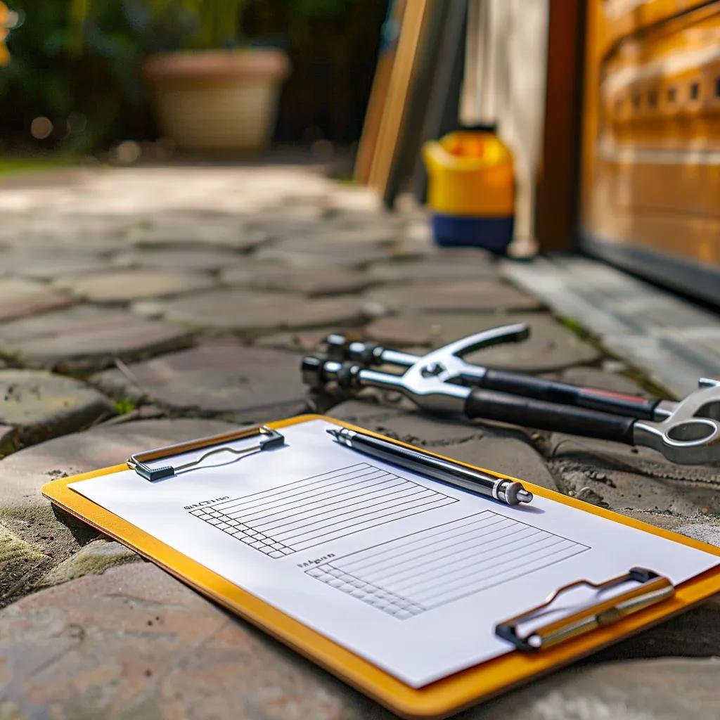 Checklist for garage door maintenance with tools and a well-maintained garage door in the background