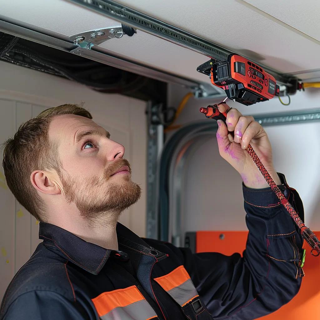 Technician inspecting a garage door opener with diagnostic tools, highlighting the importance of professional repairs