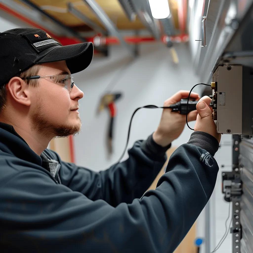 Technician inspecting garage door sensors for alignment and wiring issues, showcasing efficient repair methods