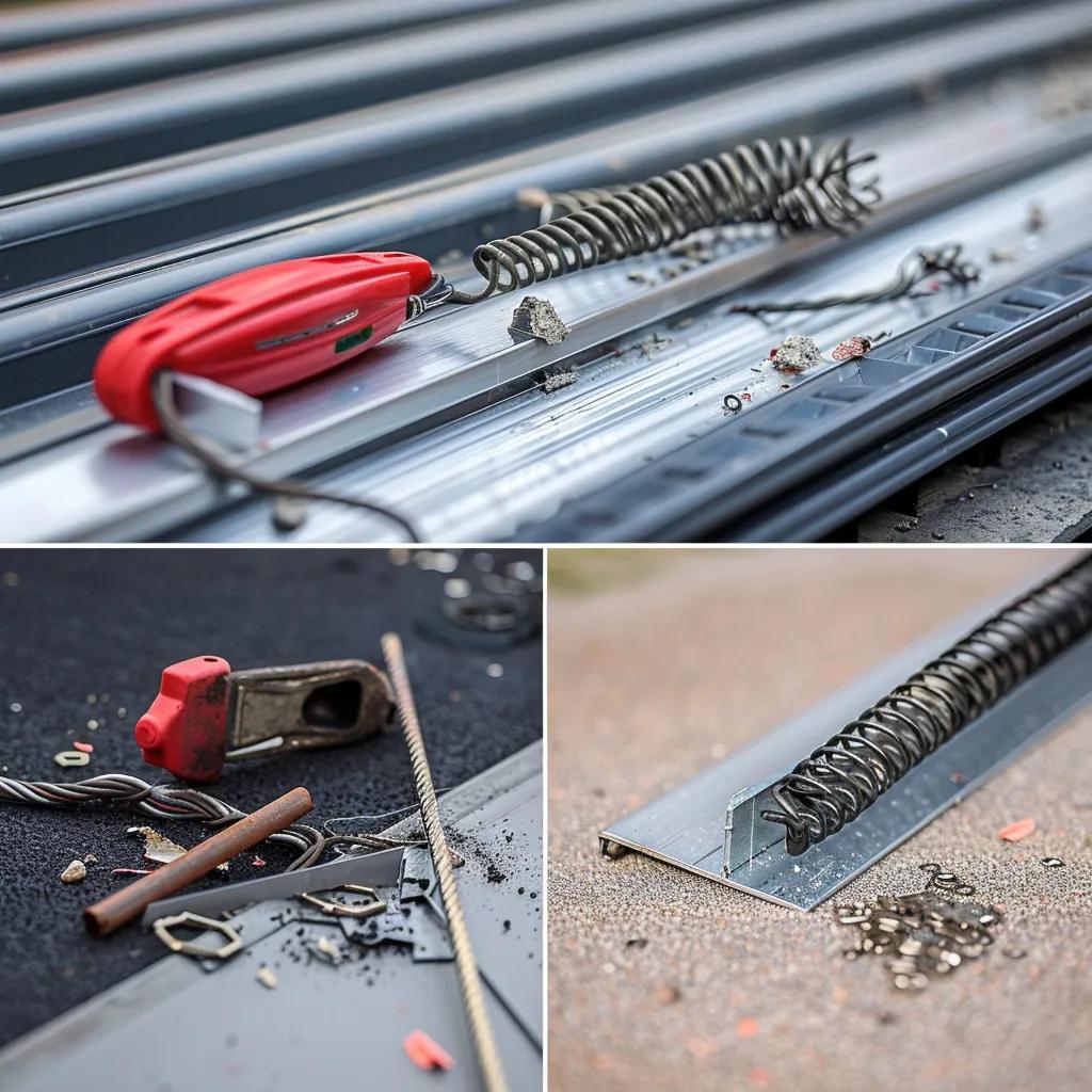 Close-up of common garage door problems including broken spring, misaligned track, and frayed cable