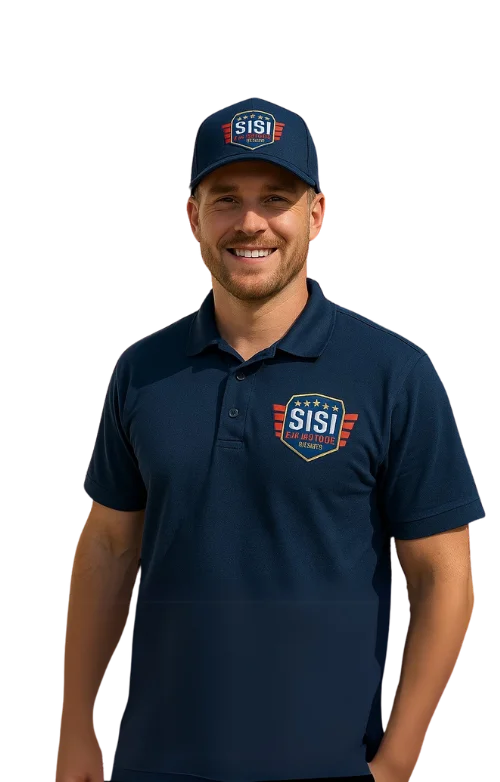 Sisi Garage Door technician smiling in branded uniform and cap, representing professional garage door services in Naples, Florida.